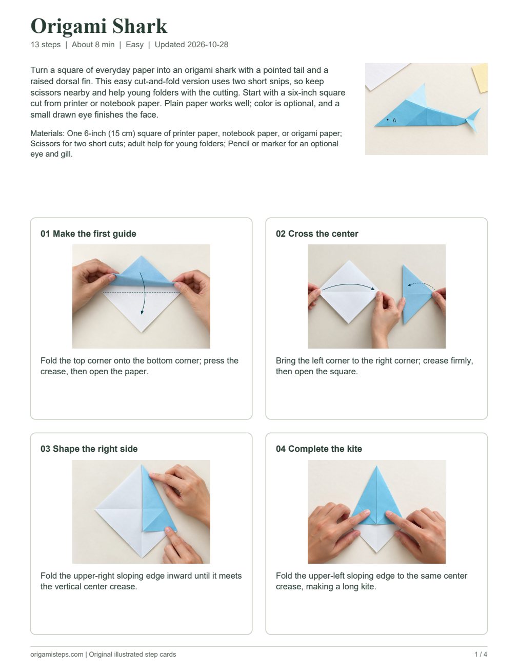 Actual printable origami guide preview, page 1, with numbered photographed steps