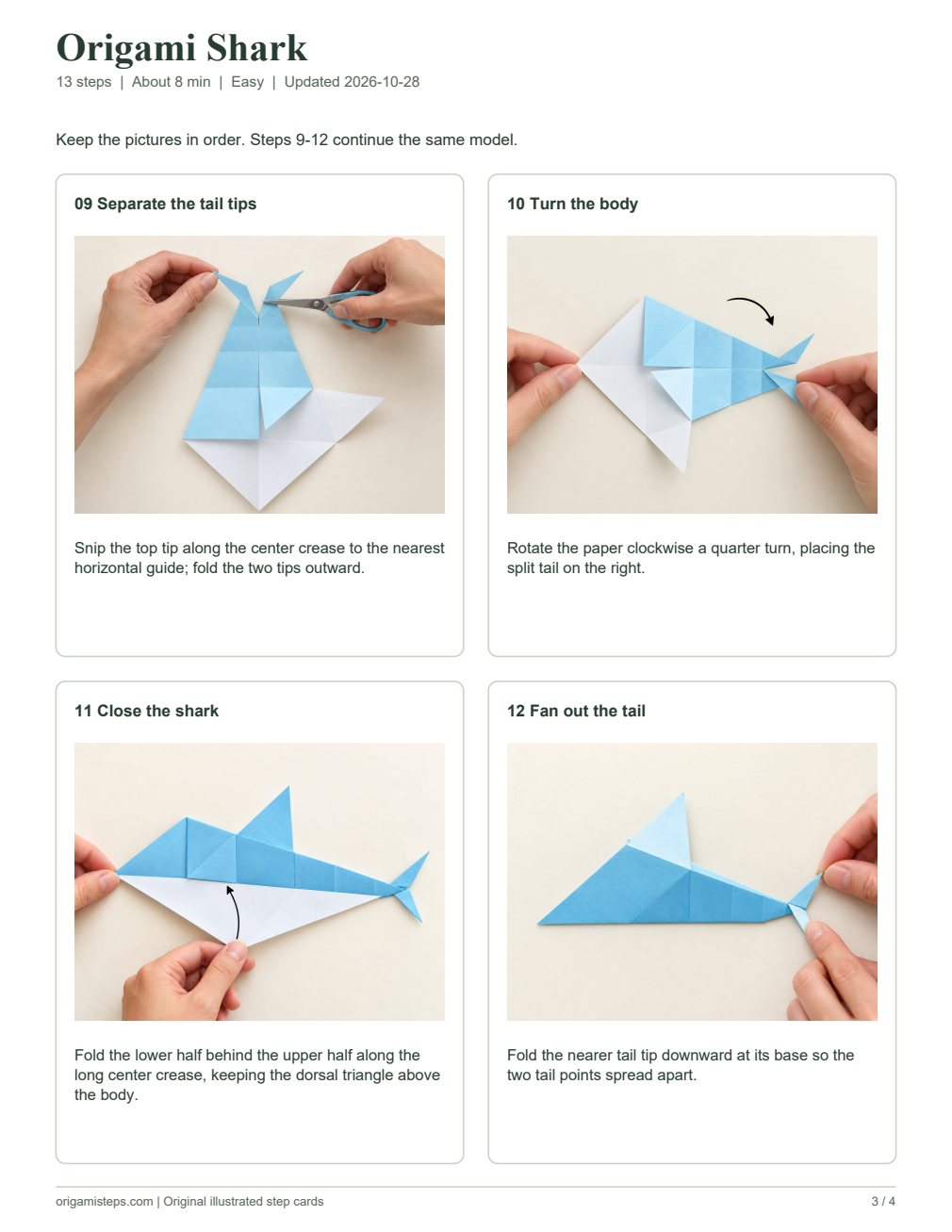 Actual printable origami guide preview, page 3, with numbered photographed steps