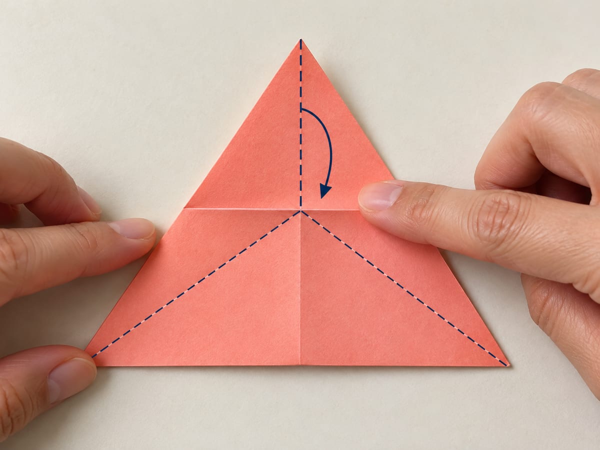 origami star step 7: bring each corner to its opposite edge, pressing the three straight crease lines firmly before reopening, hands visible
