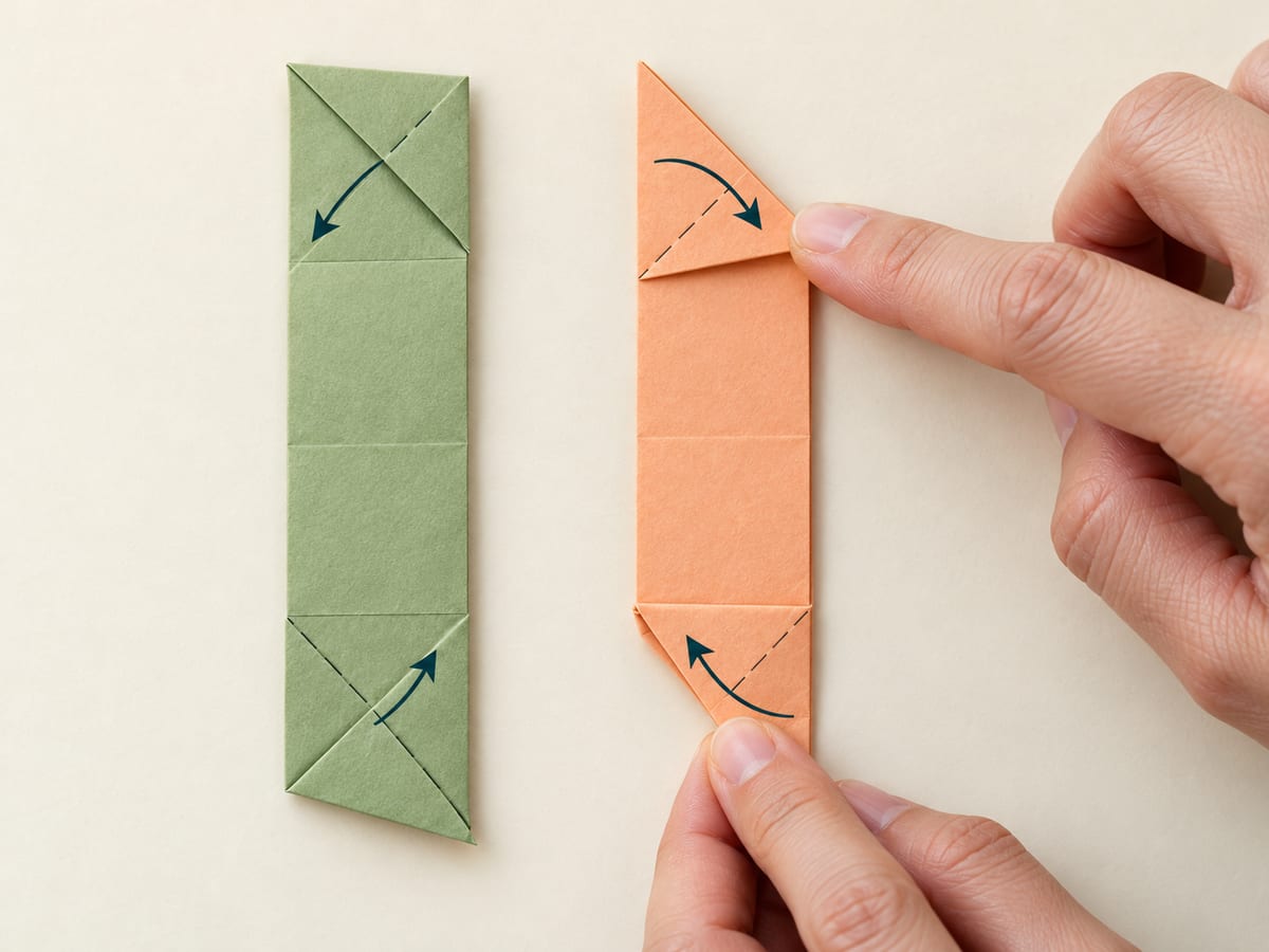 origami ninja star step 5: on the second strip, fold the top corner rightward and the bottom corner leftward, hands visible