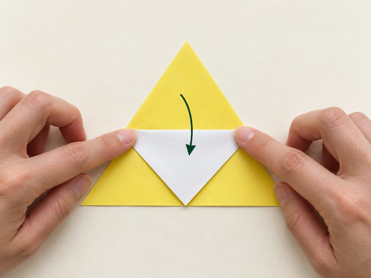 origami bookmark step 2: fold only the top front corner down to the midpoint of the bottom edge, hands visible