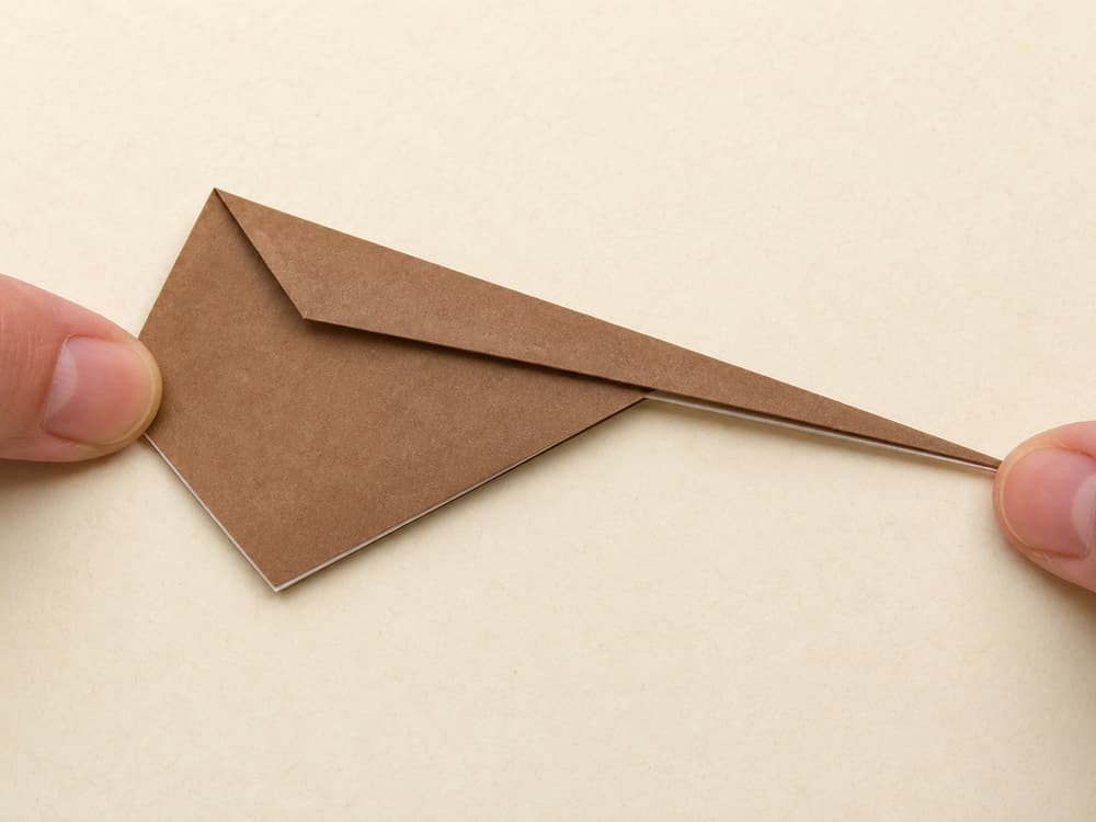 origami turkey step 6: fold the model in half behind the upright center crease, hands visible