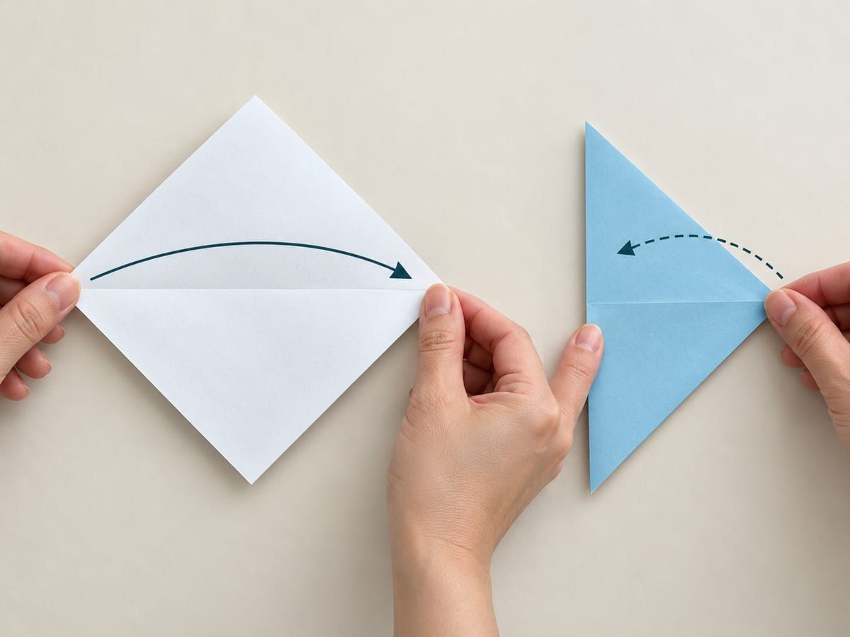 origami shark step 2: bring the left corner to the right corner to make a vertical guide, hands visible