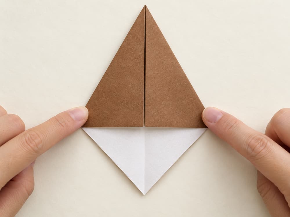 origami turkey step 2: fold both upper sloping edges to the upright center crease, hands visible