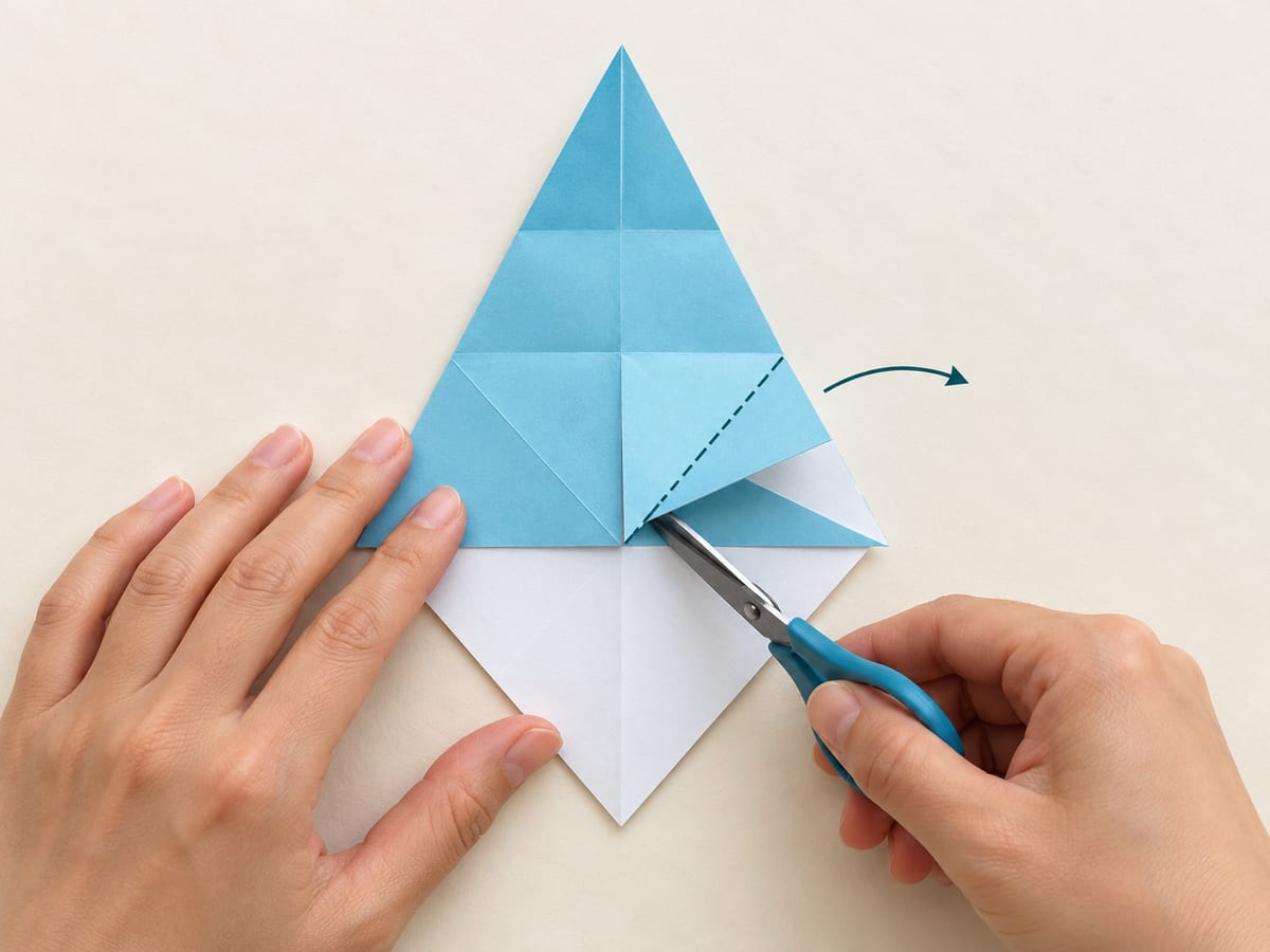 origami shark step 8: cut only the lower-right folded flap along its diagonal crease and open the triangle rightward, hands visible
